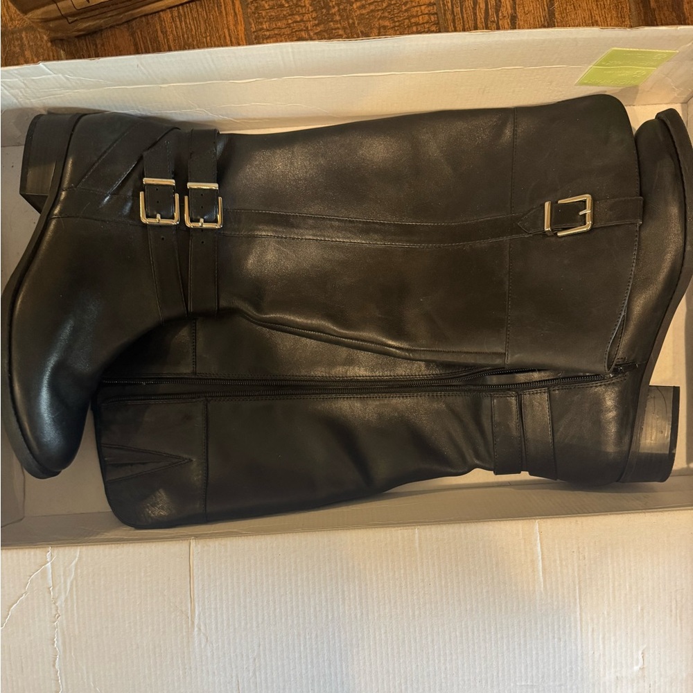 Black Leather wide calf Knee-High riding Boots